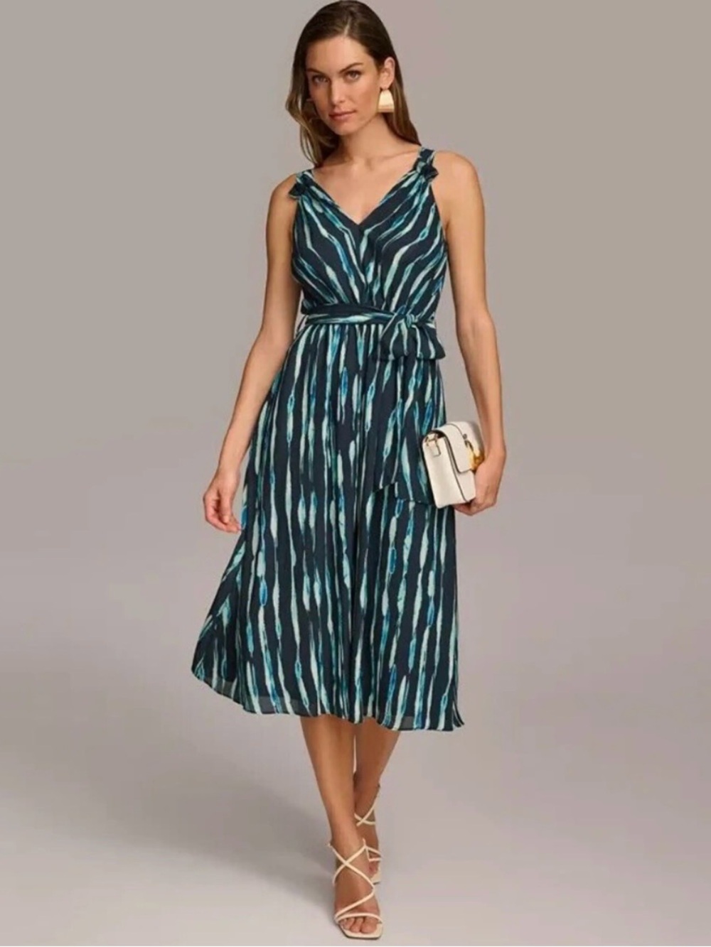 Donna Karan Teal & Navy V-Neck Midi Dress